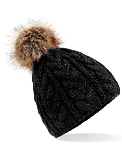 Faux Fur Pop Pom Cable Beanie Black