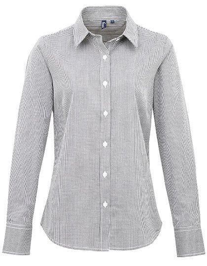 Ladies` Microcheck (Gingham) Long Sleeve Cotton Shirt Black / White
