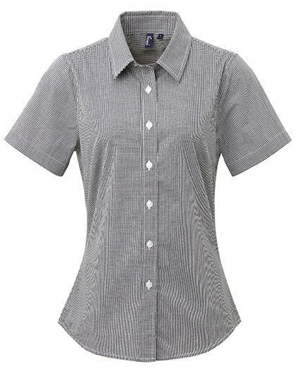 Ladies` Microcheck (Gingham) Short Sleeve Cotton Shirt Black / White