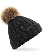 Junior Faux Fur Pom Pom Chunky Beanie Black