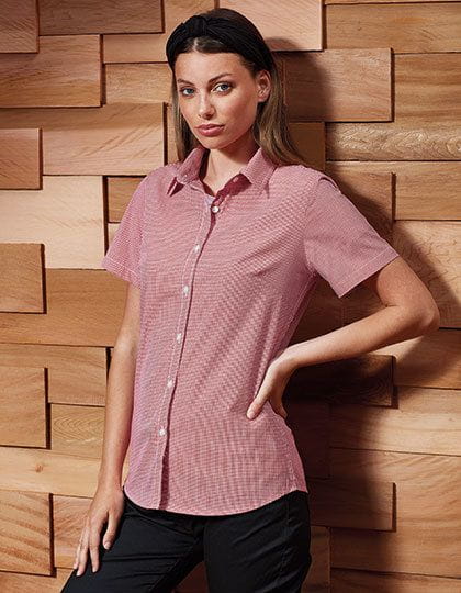 Ladies` Microcheck (Gingham) Short Sleeve Cotton Shirt