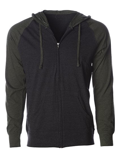 Men`s Lightweight Jersey Raglan Zip Hood Charcoal Heather / Army Heather